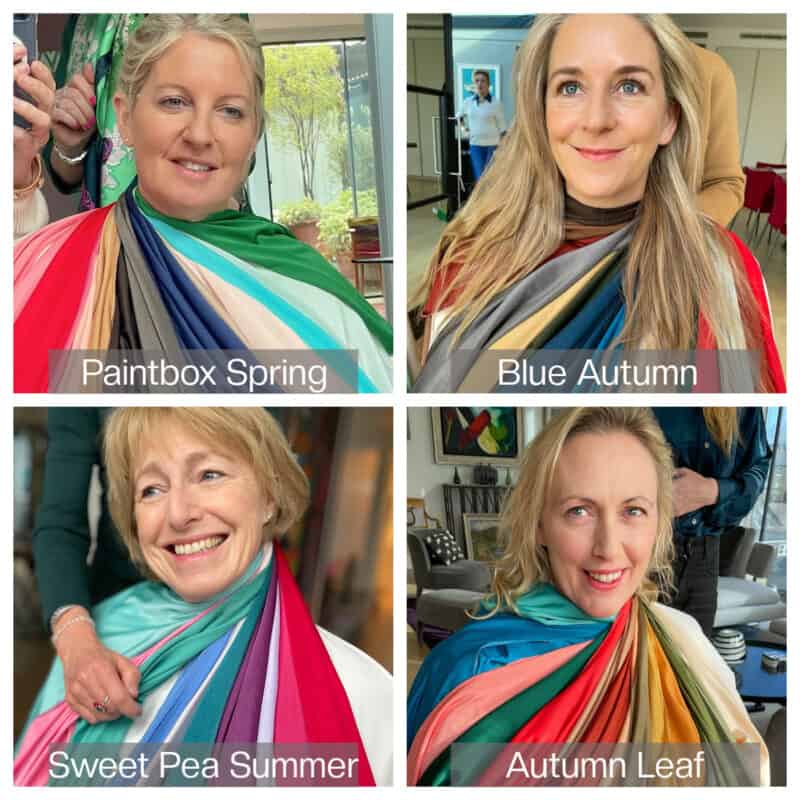 Four women with blond hair and blue eyes, each with a different seasonal color palette.