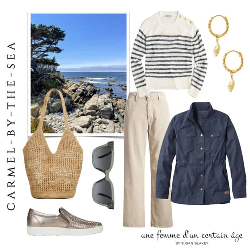 Casual outfit for a visit to Carmel-by-the-Sea with a striped sweater and navy utility jacket.
