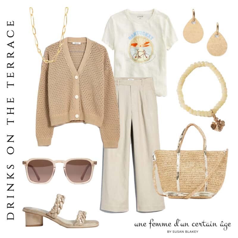 Drinks on the terrace with a sweater for when the fog rolls in. Graphic tee, gold earrings, bee charm bracelet, linen pants, raffia tote, gold heeled sandals.