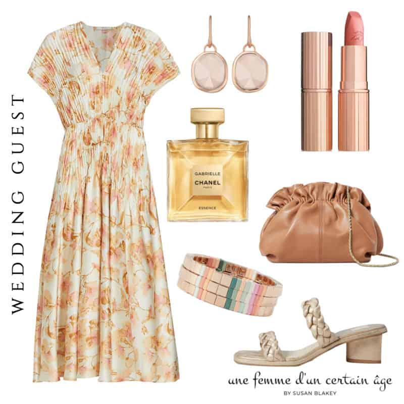 Wedding guest outfit (or out to dinner) with a Vince floral dress, gold sandals.