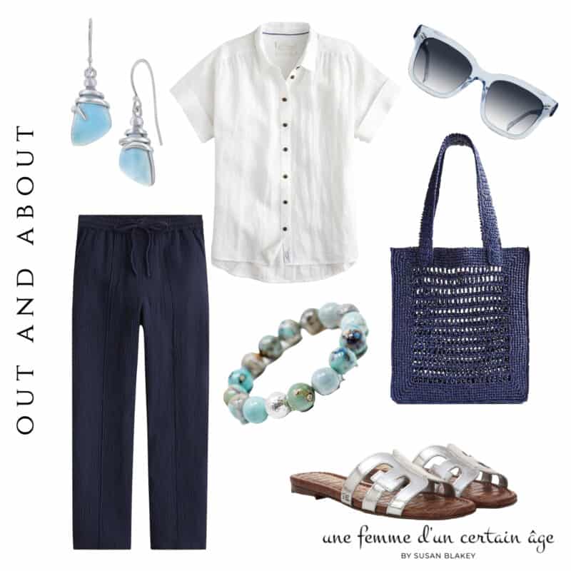 Casual summer outfit idea in navy and white with silver jewelry.