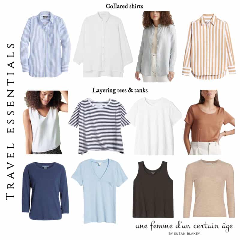 Collared shirts and layering tees & tanks are summer travel essentials. They help you to pack lighter and do more with less. Packing tips for Europe.