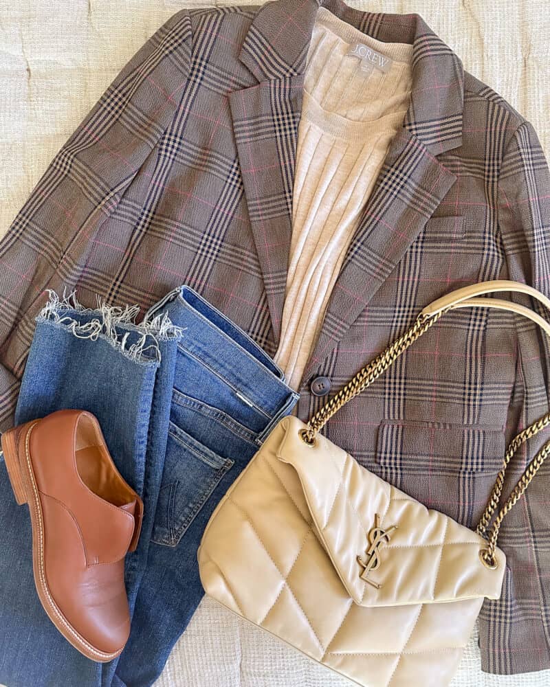 Creating an outfit with a cropped plaid blazer starting with a flat lay.