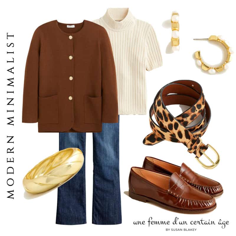Simple fall styles for women: outfit  idea with pieces from J.Crew: sweater jacket, mockneck top, gold and pearl earrings, dark wash demi-boot jeans, leopard belt, gold bangle, classic penny loafers.