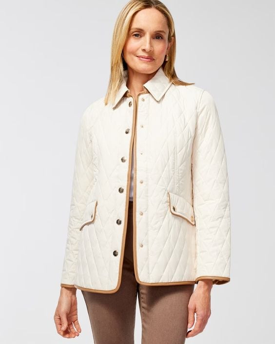 Chico's quilted barn jacket cream with tan piping