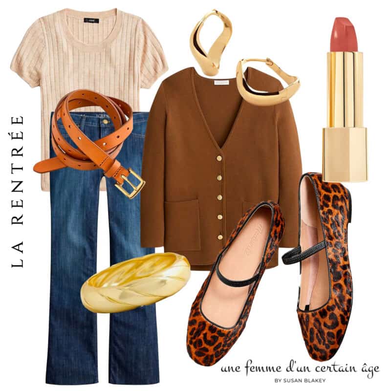 Early fall outfit idea with dark wash jeans, brown cardigan, leopard print flats, gold earrings & bracelet.