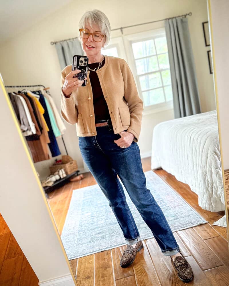 Susan B. wears a J.Crew Emile sweater lady jacket with an espresso tee, dark wash boyfriend jeans, and leopard loafers.