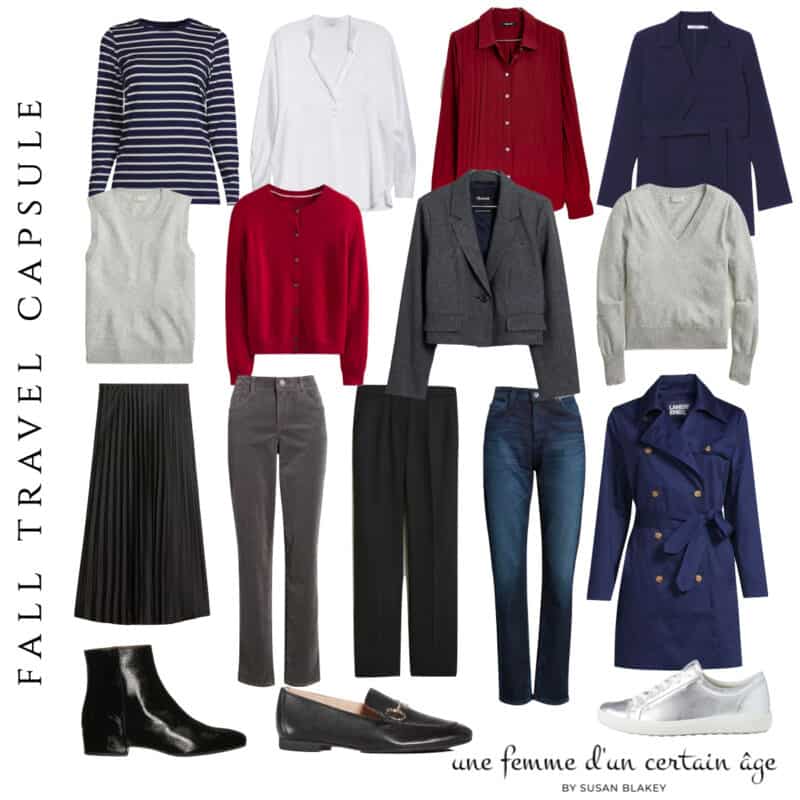 Fall travel capsule wardrobe in a cool neutral palette.