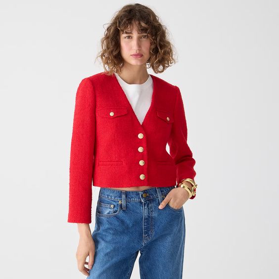 J.crew boucle v-neck lady jacket in red with gold buttons.