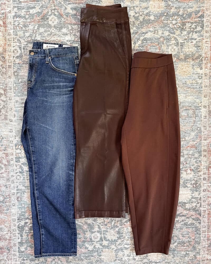 Susan B's travel capsule wardrobe bottoms: jeans, coated denim trousers, ponte knit pants