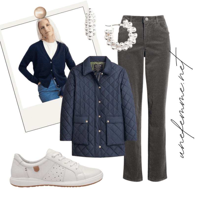 Reader favorites week of 10-16. Cashmere cardigan, quilted barn jacket, straight-leg corduroy pants, sleek sneakers