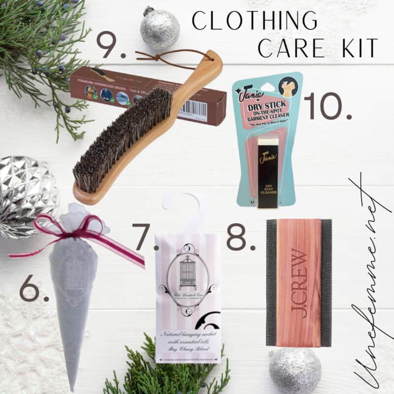 Clothing care gift ideas: clothing brush, moth repellent sachets, sweater comb.