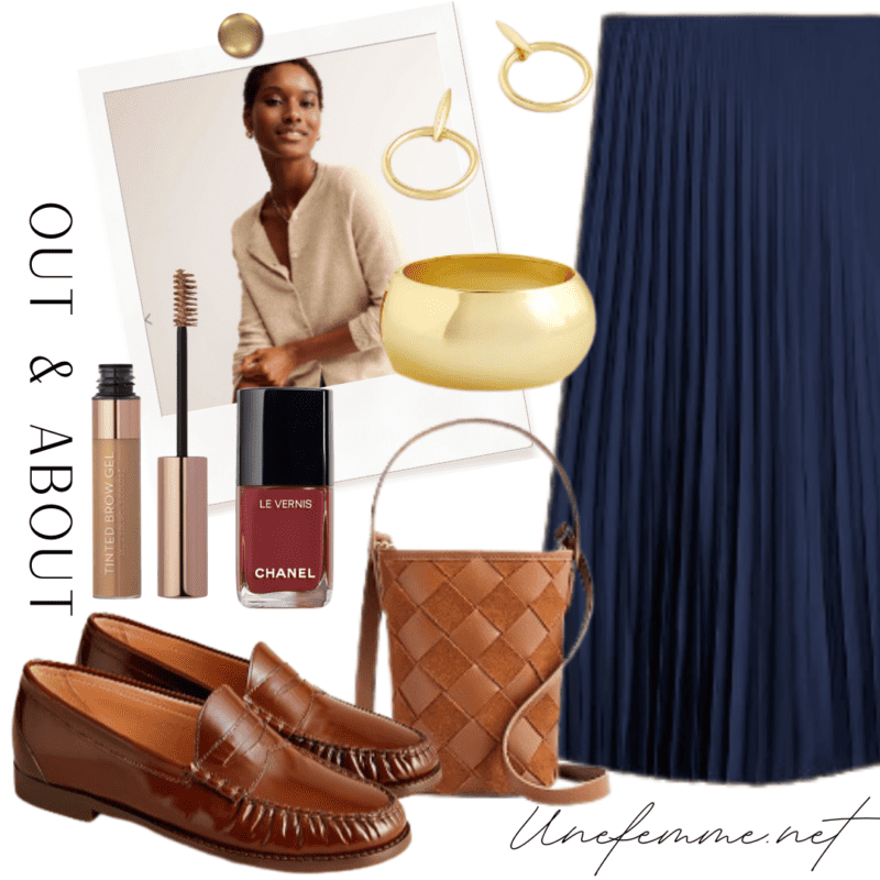 Easy outfit idea with navy and brown...J.Crew pleated midi skirt