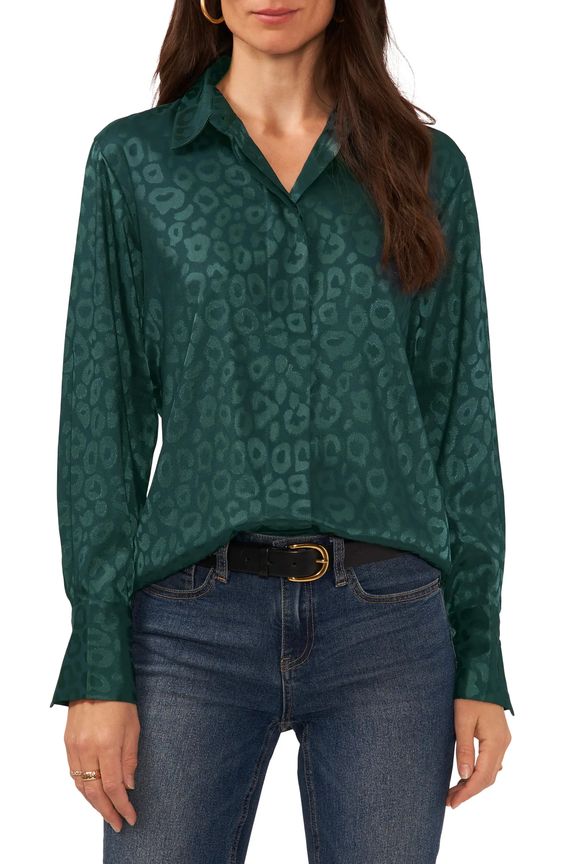 Vince Camuto leopard satin top in Holly green