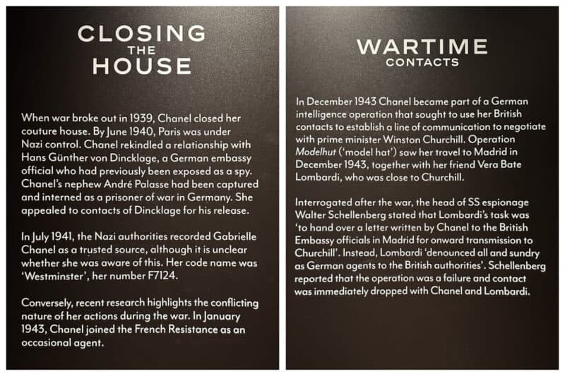 Text panels from Chanel exhibition at V&A London regarding her activities during WW2.