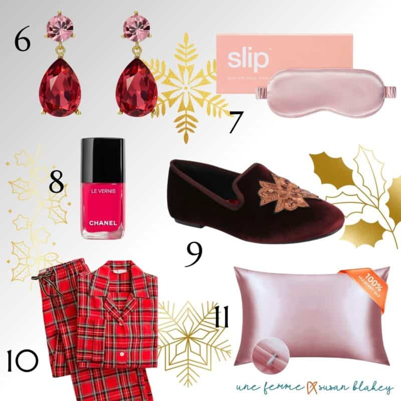 Fun & cozy gifts for women: sparkly earrings, silk sleep mask, luxe nail polish, velvet slippers, flannel pajamas, silk pillowcase.