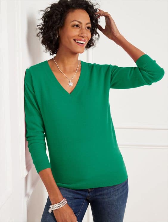 Talbot's v-neck cashmere sweater in light emerald green.