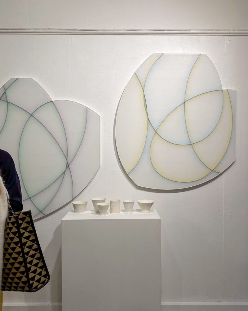 Wall sculptures by Tom Henderdon, ceramics by Christopher Riggio at jaggedart gallery