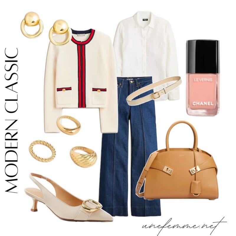 Example of a Classic Style Personality look with a lady jacket, jeans, kitten heel slingback, Ferragamo Hug tote, gold jewelry.