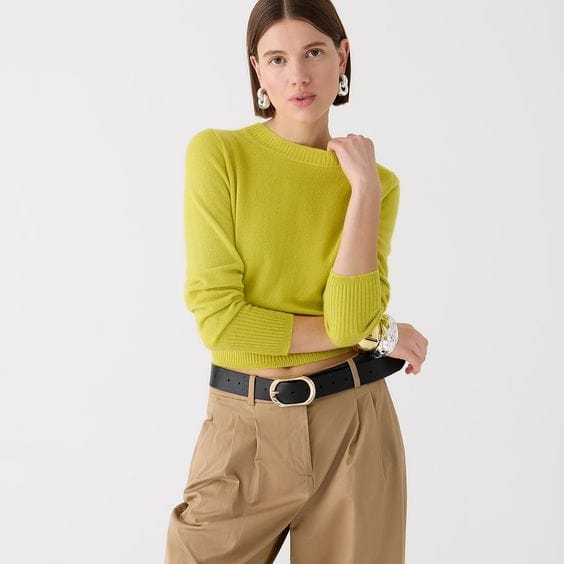 J.Crew cropped cashmere crewneck in "Burnished Chartreuse"
