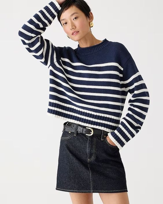 J.CREW cotton rollneck sweater in navy and white.