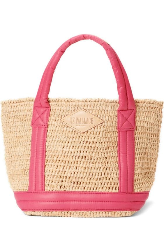 MZ Wallace small raffia tote with pink trim