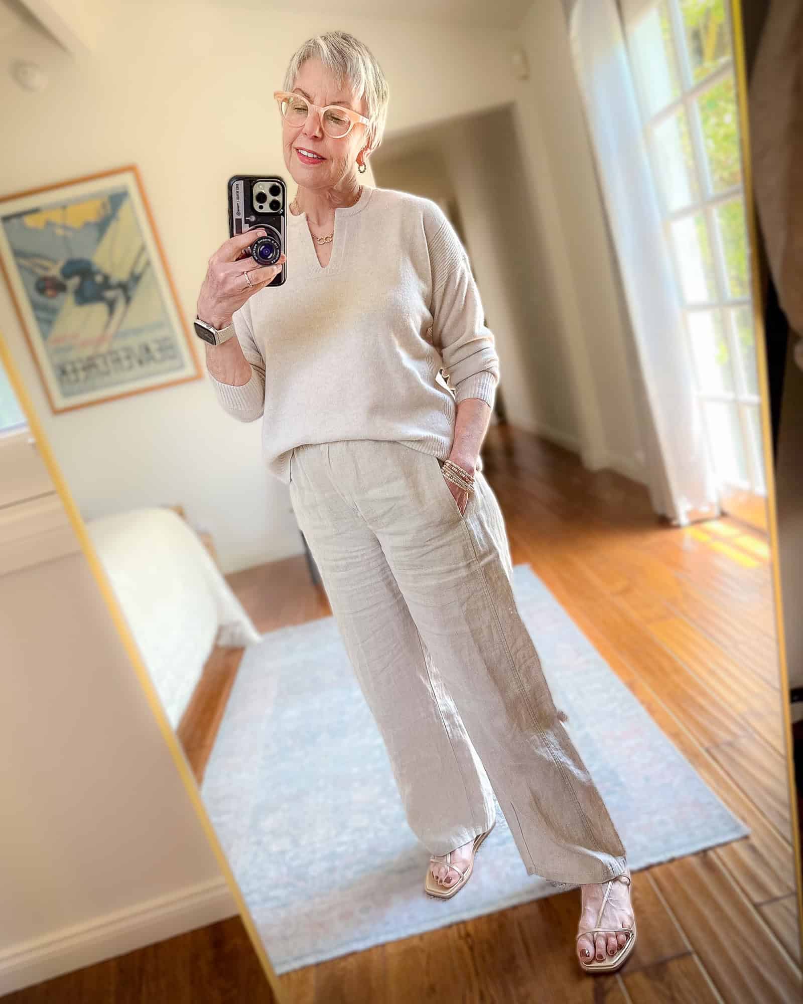 Linen pants outfit with cashmere sweater