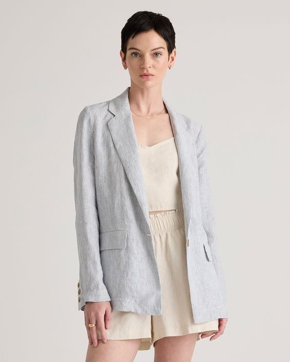 Quince unlined relaxed linen blazer in blue/white stripe.
