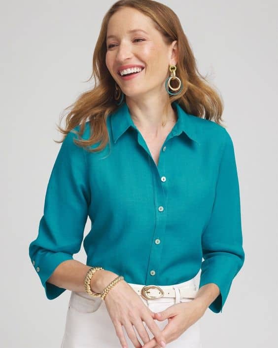 Chico's no-iron linen shirt in Peacock.