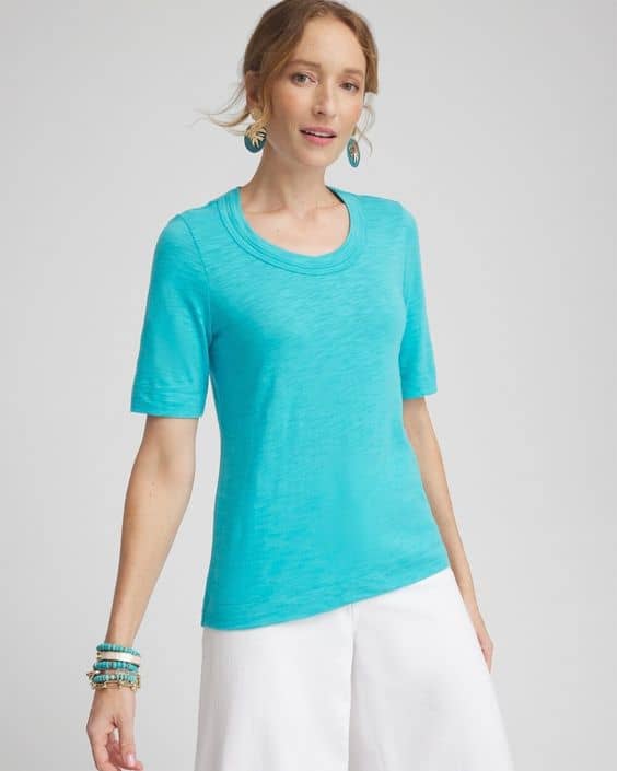 Chico's scoop neck cotton-blend tee with elbow sleeves in Aqua.