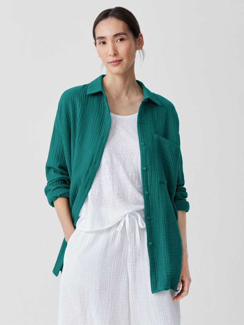 Eileen Fisher cotton gauze shirt in emerald green.