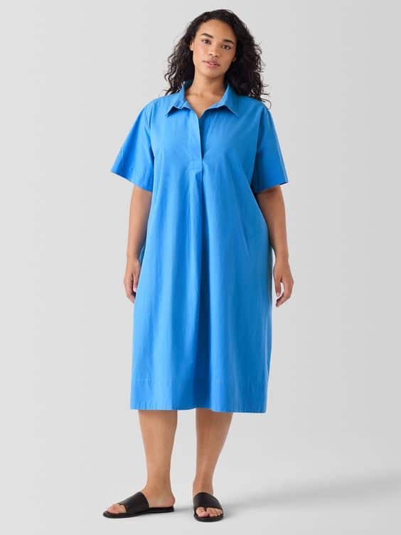 Eileen Fisher organic cotton poplin dress in "Calypso" blue.