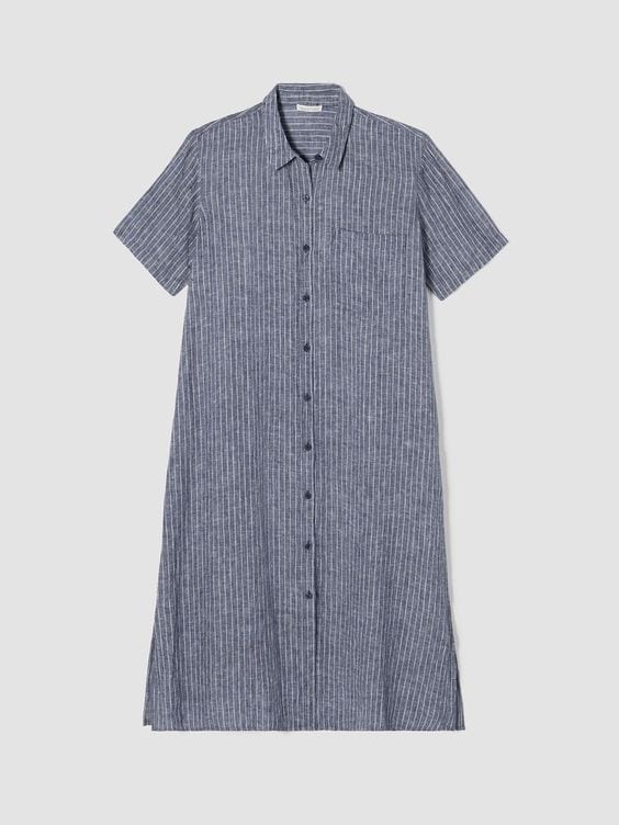 Eileen Fisher puckered linen shirtdress in blue stripe.