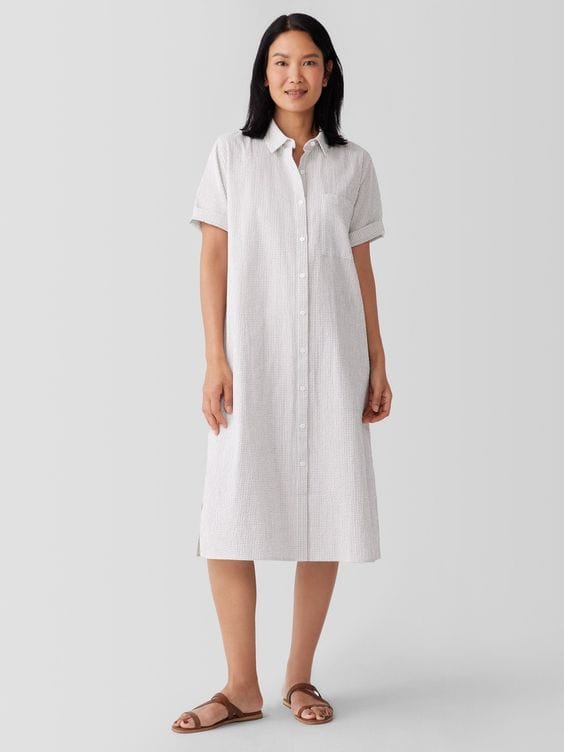 Eileen Fisher organic cotton ripple button front shirtdress.
