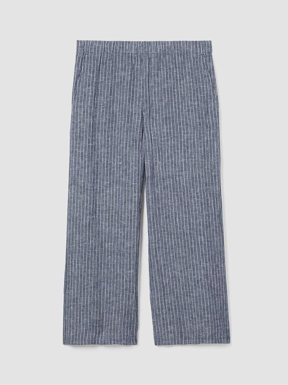 Eileen Fisher puckered linen wide leg pants in stripe fabric.