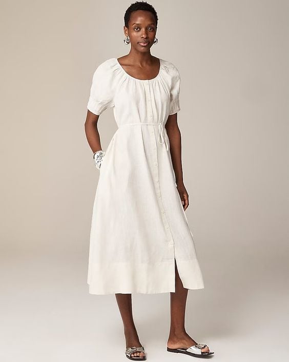 J.Crew linen button front dress with tie belt in off-white.