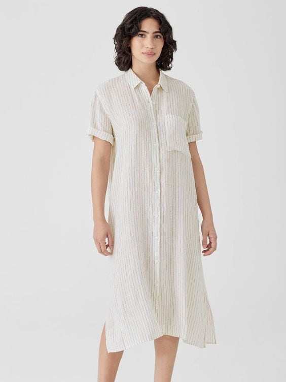 Eileen Fisher classic collar button front linen dress in white with bronze stripe.