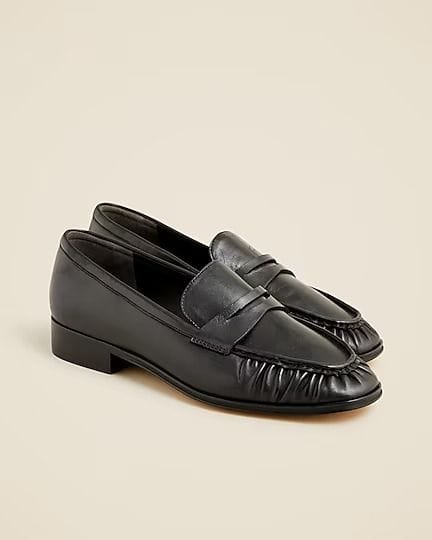 J.Crew ruched penny loafers in black.