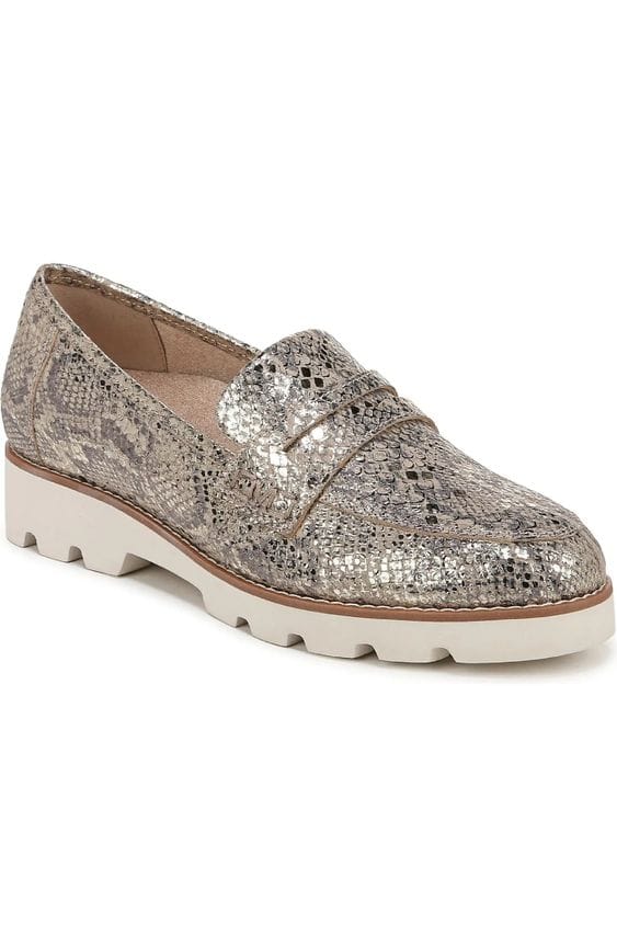 Vionic Cheryl II lug sole penny loafers metallic snake finish.