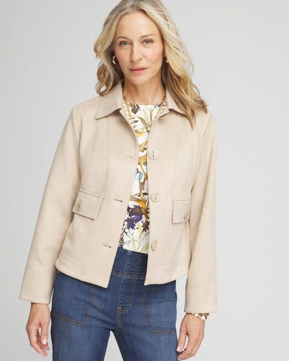 Chico's faux suede single breasted jacket beige.