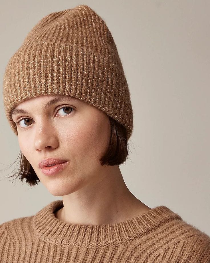 J.Crew ribbed cashmere beanie, camel with lurex threads.