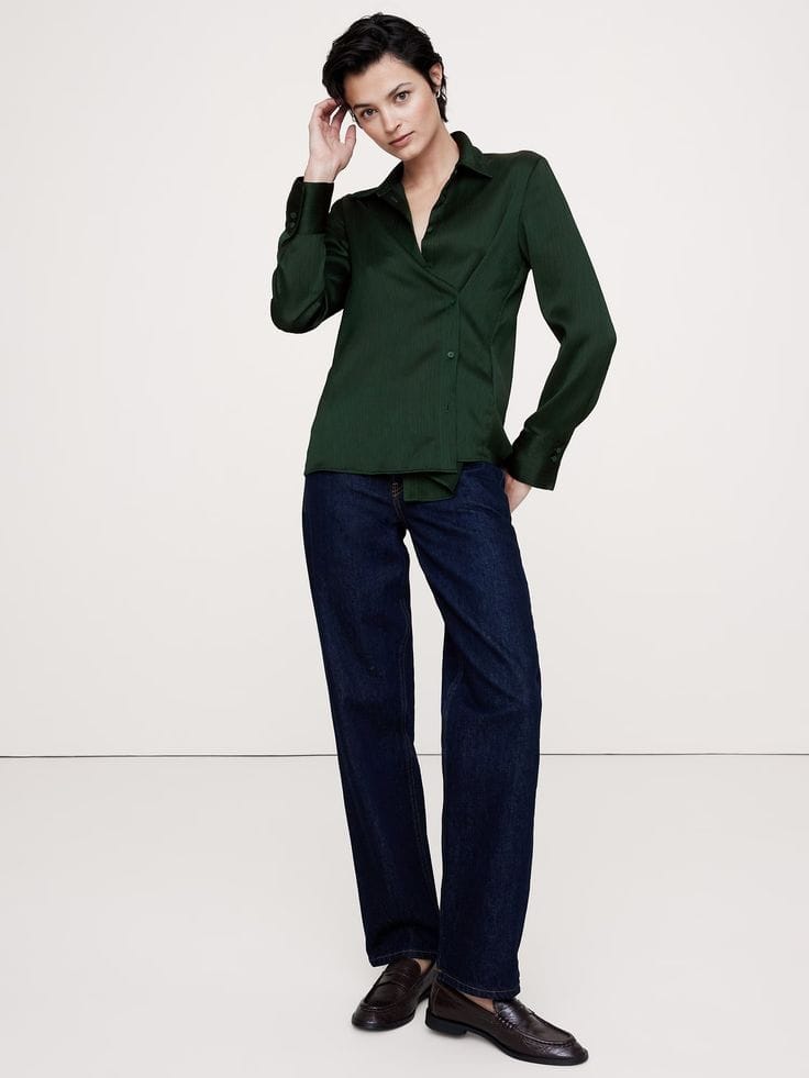 Banana Republic crinkle asymmetrical shirt in spruce green.
