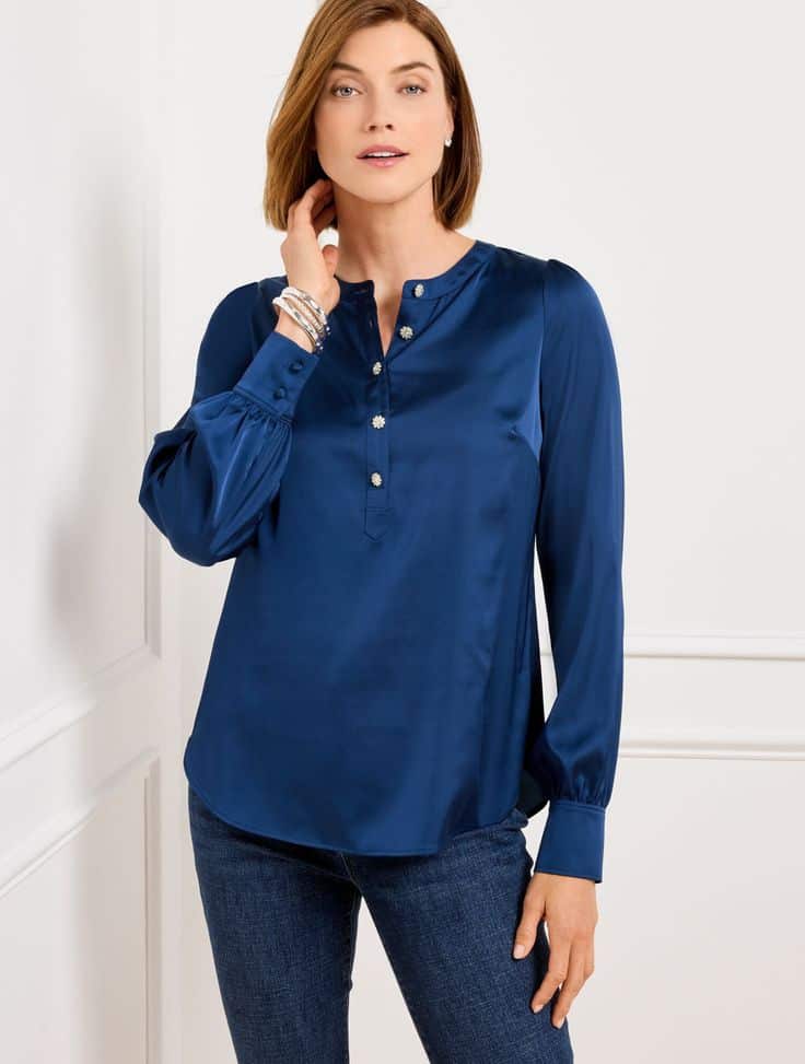 Talbot's satin charmeuse popover top in sapphire blue.