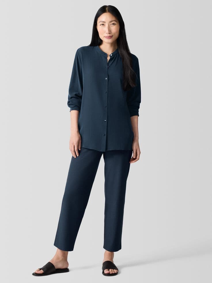 Eileen Fisher silk shirt & stretch crepe pants in Deep Adriatic.