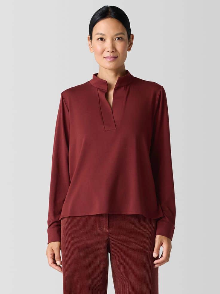 Eileen Fisher stretch jersey band collar top Redwood