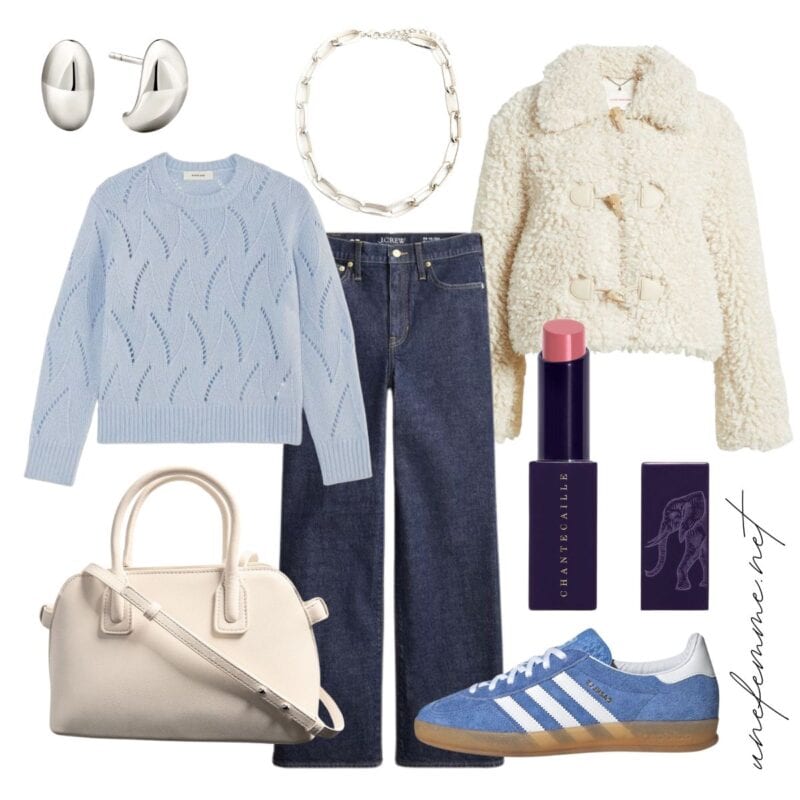 Casual outfit with pointelle sweater, faux fur jacket, jeans, adidas sneakers, silver jewelry.