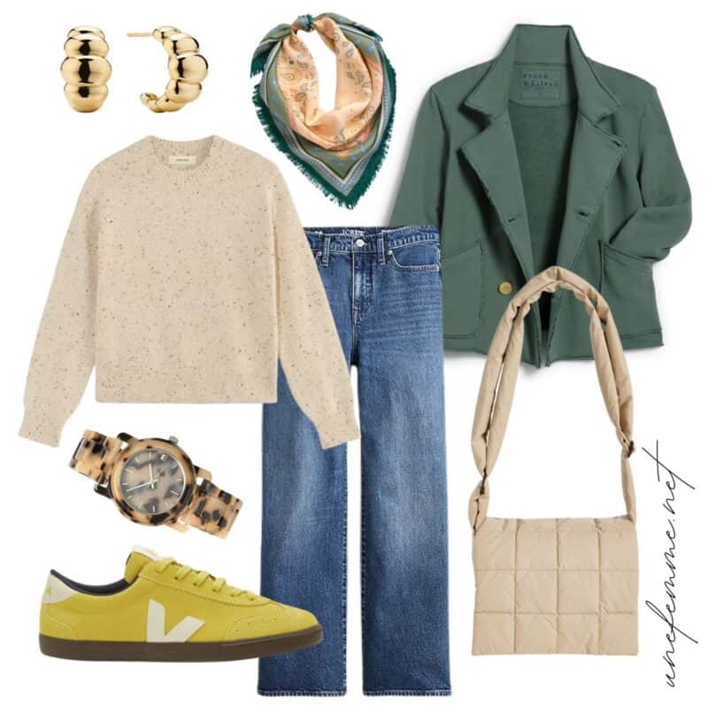 Jeans, sweater, sneakers casual outfit idea with gold earrings, Frank & Eileen Mini Belfast jacket, confetti sweater, pistachio Veja sneakers, quilted bag.