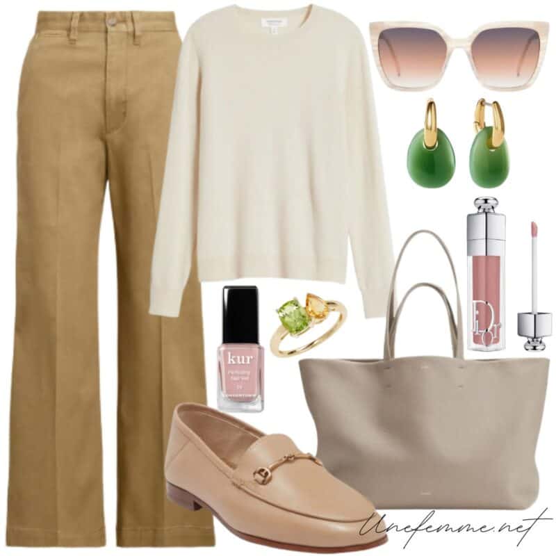warm neutral outfit with horsebit loafer