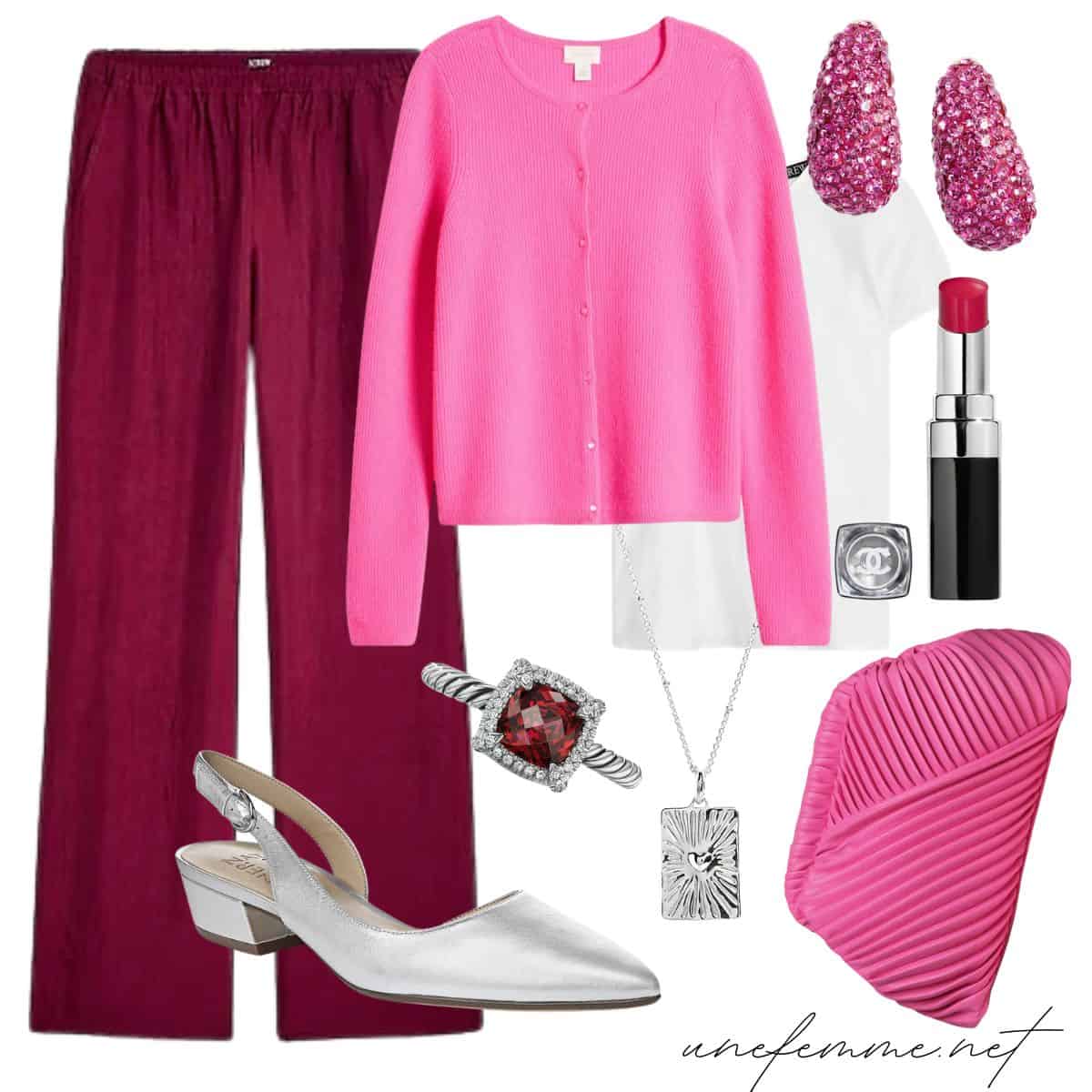 Casual women's outfit idea for Valentine's Day party with pink and burgundy.