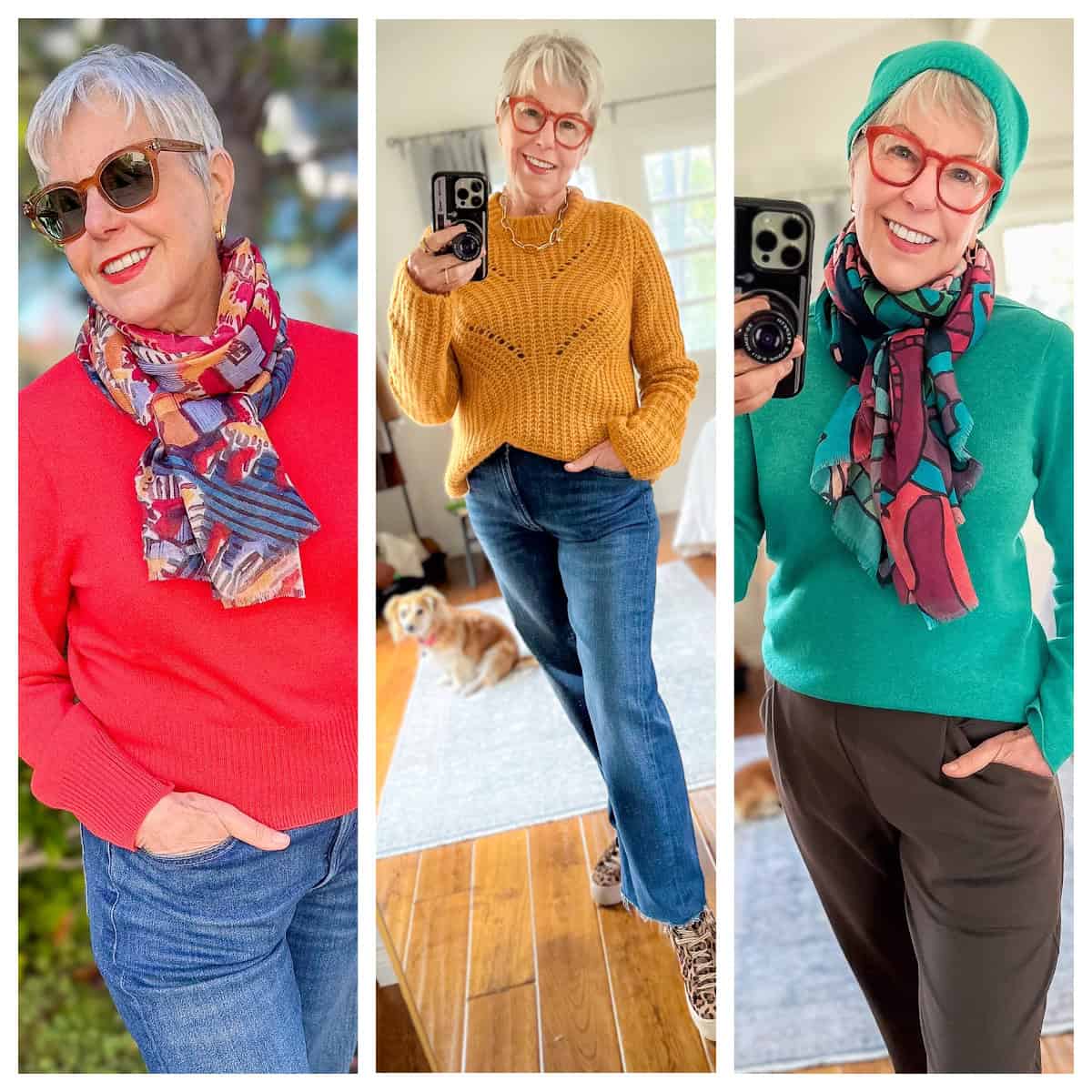 Colorful winter outfits for women over 50. Cashmere sweaters, alpaca sweaters, cashmere-silk scarves.